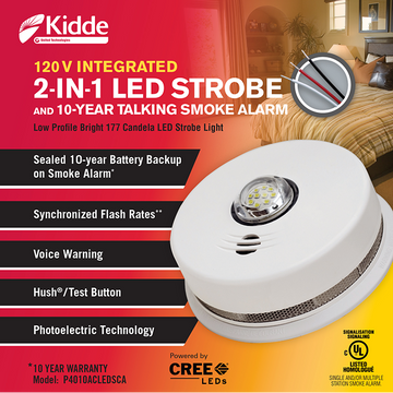 120V AC 2-in-1 LED Strobe and 10-Year Talking Smoke Alarm - Kidde - P4010ACLEDSCA
